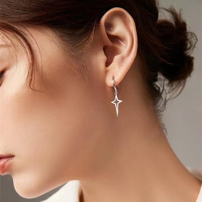 CARLIDANA New Trendy Asymmetrical Four-Pointed Star Tapered Earrings Stainless Steel Hot Style Star Hoop Earrings for Women