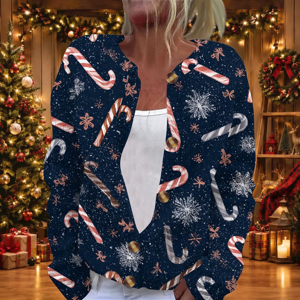 Women's Christmas Print Long Sleeve Knit Cardigan with Buttons for Holiday