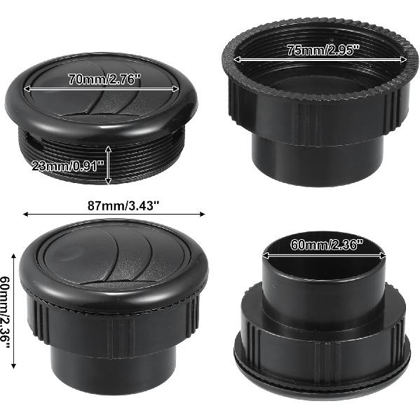 ACROPIX 87mm 75mm Redondo Preto Saída de Ventilação AC Universal para RV Ônibus Barco Iate Caravana com Tubo de Conexão - Pacote com 1