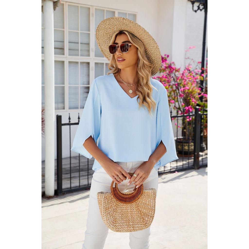 Spring Summer New Women's Solid Color V-Neck Mid Sleeve Loose Chiffon Blouse Top