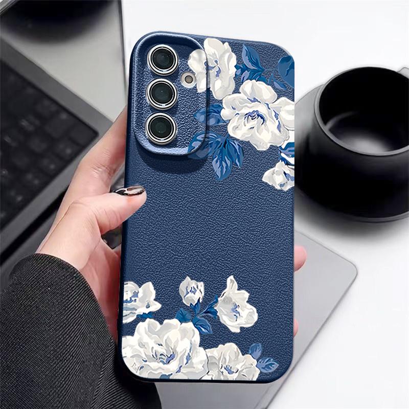 Funda Floral de Gardenia Blanca Para Samsung S26 S25 S24 Ultra S23 S22 S21 FE A15 A16 A17 A26 A35 A36 A37 A54 A55 A56 A57 5G Cubierta de Silicona con Textura de Cuero