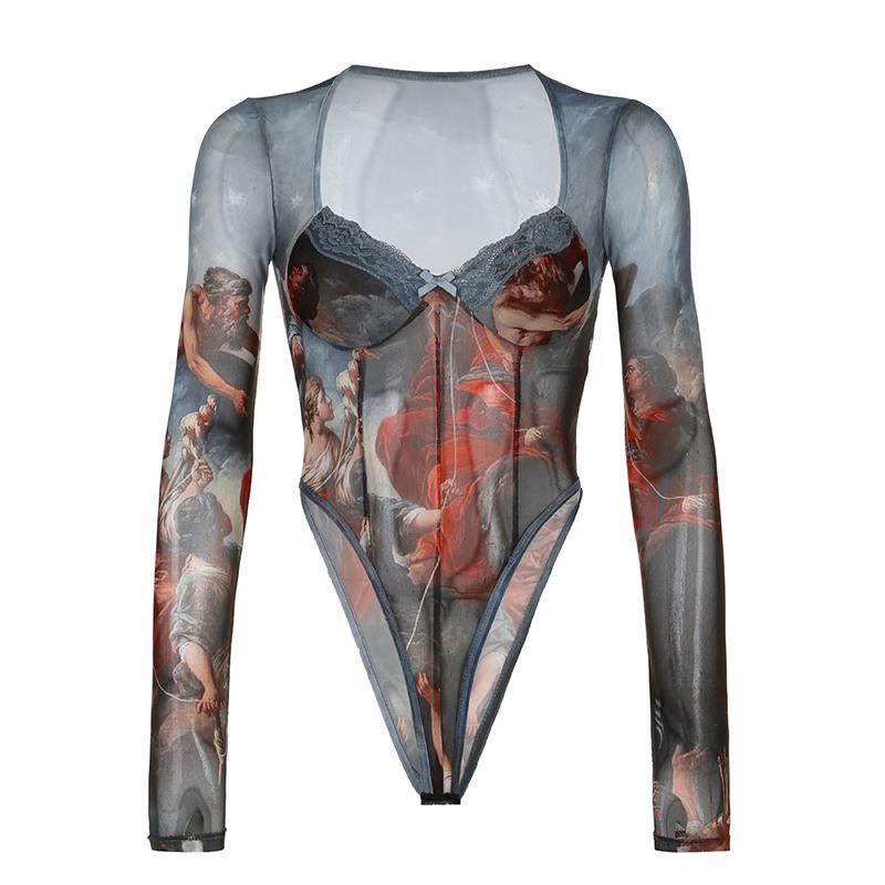 Women's Retro Printed Mesh Long Sleeved Jumpsuit Triangular Bodysuit