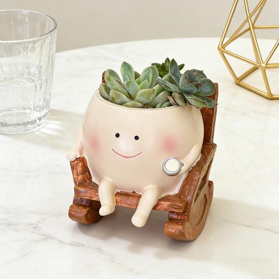 Rocking Chair Smily Face Planter Outdoor Unique Sit Rocking Chair Flower Pots Funny Planter Pot with Drainage Holes for Indoor Outdoor Plants