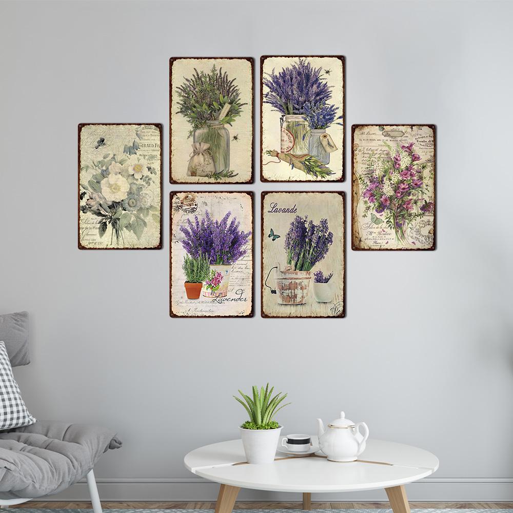 Pastoral Style Flower Plaque Metal Tin Sign Lavender Rose Retro Plates Poster for Living Room Home Garden Wall Decor 20x30cm