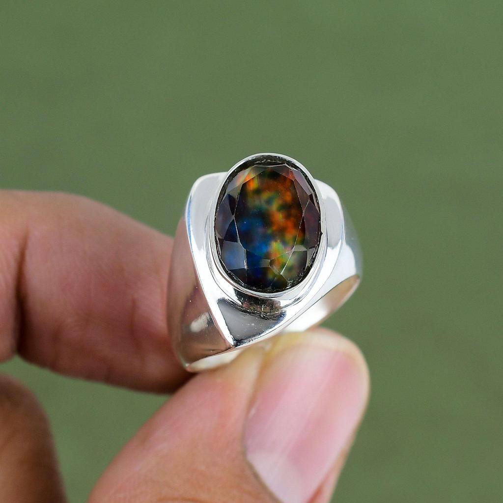 Faceted Ammolite Ring 925 Sterling Silver Ring Unique Design Jewelry Real Gemstone Ring Handmade Jewelry Gift For Dad Available In Ring Size