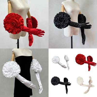 Satinhandschuhe Abendgalas Handschuhe mit großer Blume Lange Handschuhe Hochzeit Brauthandschuhe Formeller Anlass Bühnenrequisiten Handschuhe