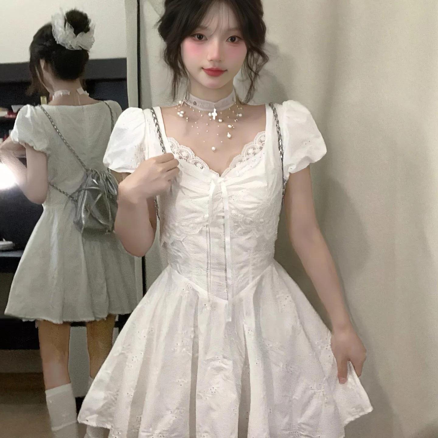 

Summer beautiful French white dress women s summer new unique and beautiful waist pinched princess short dress S белый