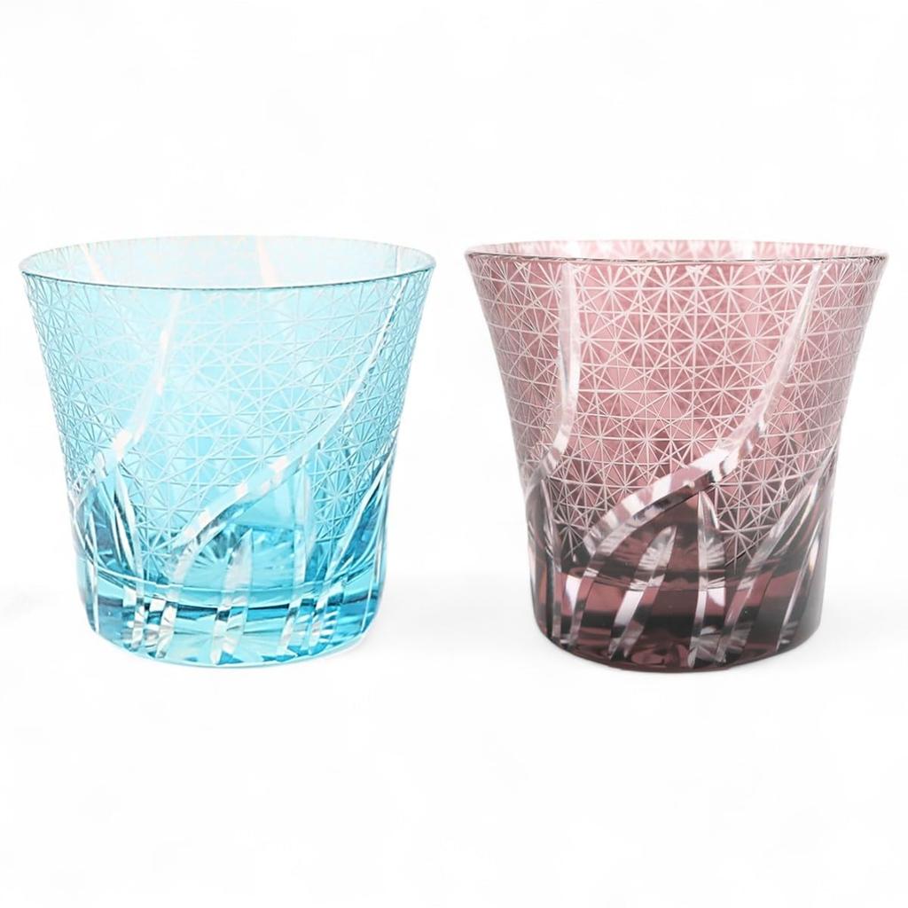 Mizukage Kiriko Pair of Glass Ranbori Komon Aqua with Bottom Beautiful Current Model J-kitchens Cups, 94xH85mm, 240cc, (Small Pattern) & Purple,
