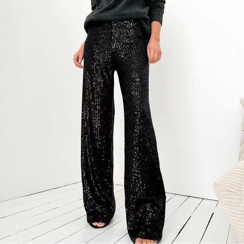 

Fashion Wind Pure Color Sequin Fashion Casual Straight Pants Sequin Casual Straight Leg Pants Black pants M