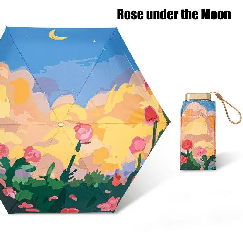 Oil Painting Sunscreen Parasol Outdoor Convinient Five Folding 6 Bones Umbrella With UV Protection Portable Stylish Sun Umbrella