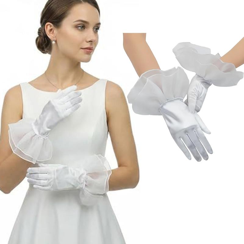 Satined Wedding Gloves with Ruffled Cuffs Design for Bride Wedding Ceremony Reception and Seasonal Occasion Handwear