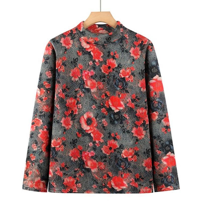 

Autumn and winter long-sleeved semi-turtleneck German velvet bottoming shirt for the elderly velvet underwear floral warm autumn clothes 5XL [Recommended 150-80 kg]