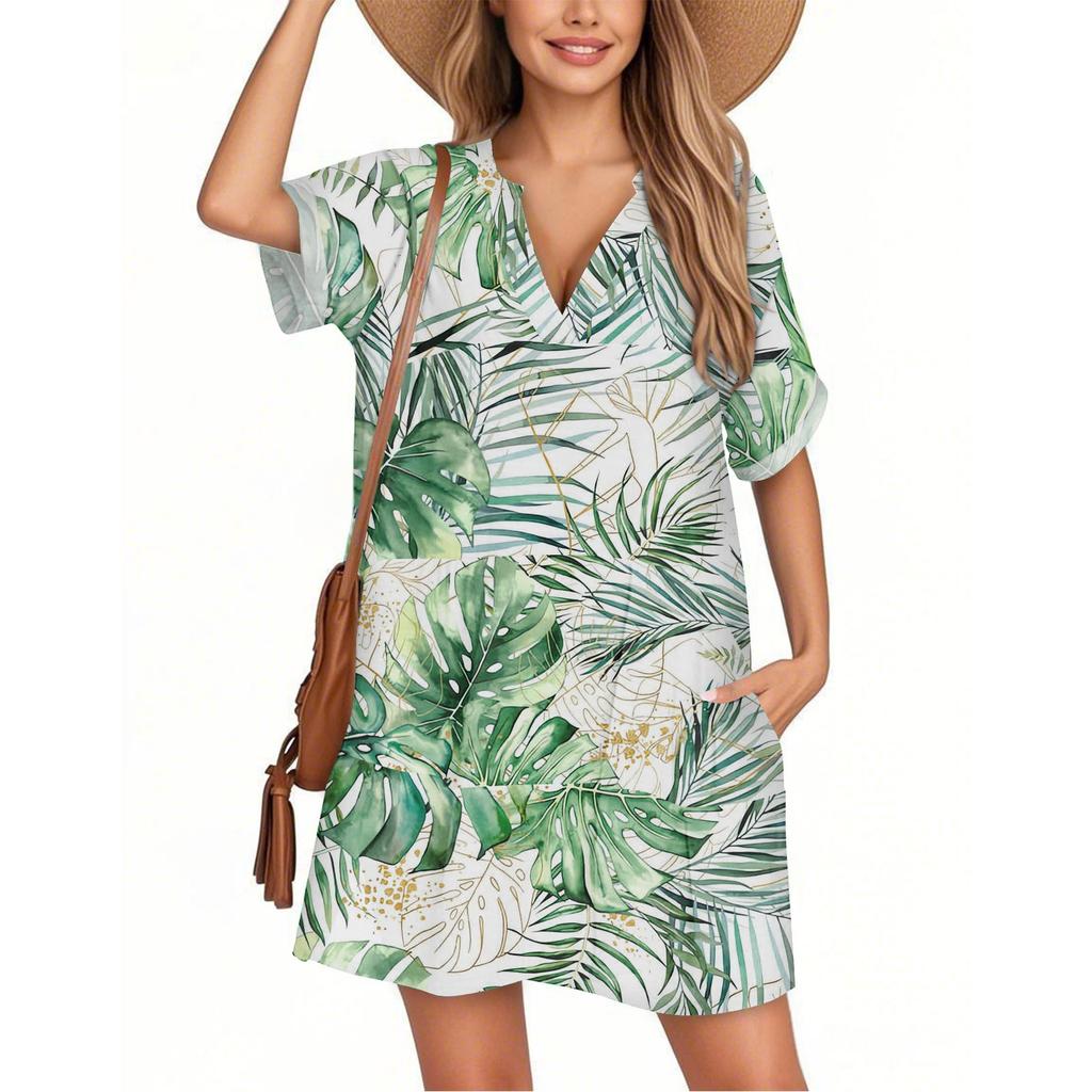 Damenmode Smock Hawaiian Floral Casual Kurzarm V-Ausschnitt T-Shirt Kleid Urlaub Strandkleid