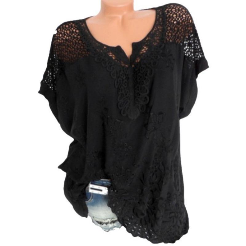 

Women s Blue Floral Embroidered Blouse Spring Summer V-Neck Lace Crochet Batwing Sleeve Top M чорний
