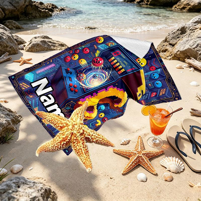 Custom Name Personalized PAC MAN Print Beach Towel, for Trip Camping Beach Party Home Decor, Birthday Gift for Family & Friends