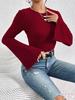 Red Crew Neck Bell Sleeve T-Shirt for Women Autumn Winter Elegant Commute Versatile Top