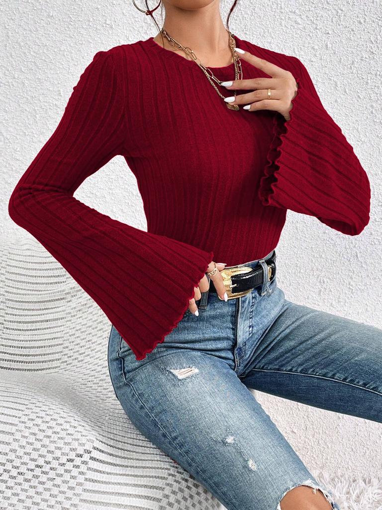 Red Crew Neck Bell Sleeve T-Shirt for Women Autumn Winter Elegant Commute Versatile Top