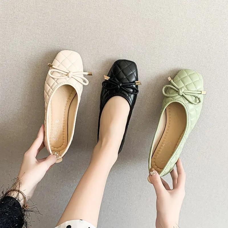 fashion Women Casual Boat Shoes Stretch Fabric Ballet Flats Butterfly-Knot Breathable Square Toe Slip on Loafers  Shallow