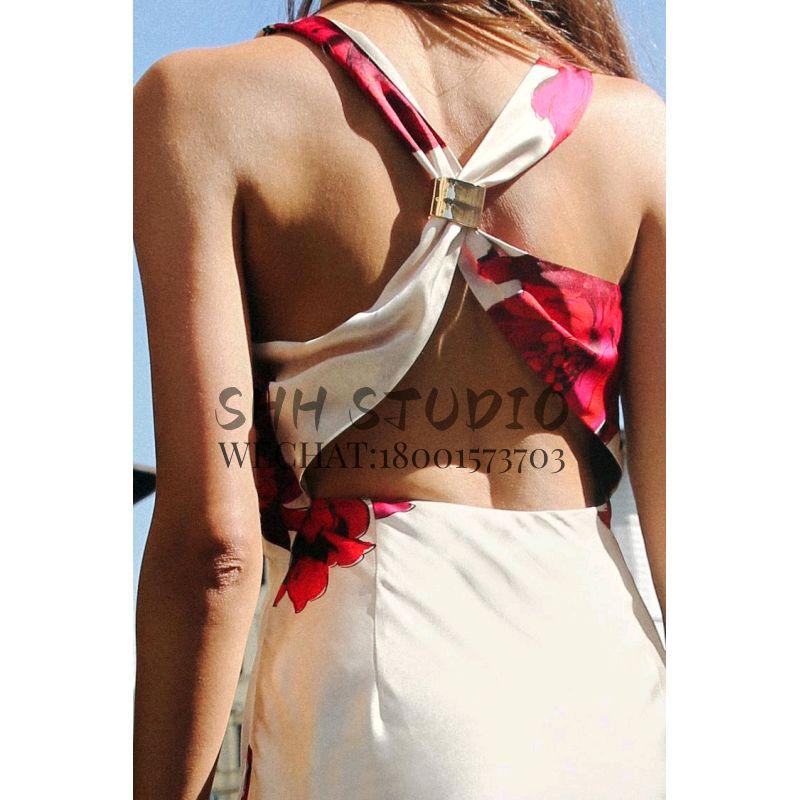 Spring New Evening Dress Skirt Back Cross Design Flower Print Silk Satin Texture Dress 8493150