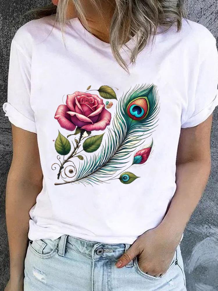 (Asian Size) Women Fashion Printed Casual T Shirt Tee Top Lady Female feather style 90s Graphic Short Sleeve T-shirts Clothing