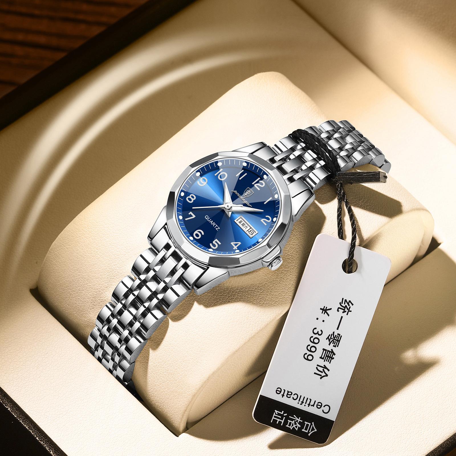 POEDAGAR National Top Swiss Brand Waterproof New Women Watch Dual Calendar Quartz Wristwatch Ladies P3078Silver case, blue di