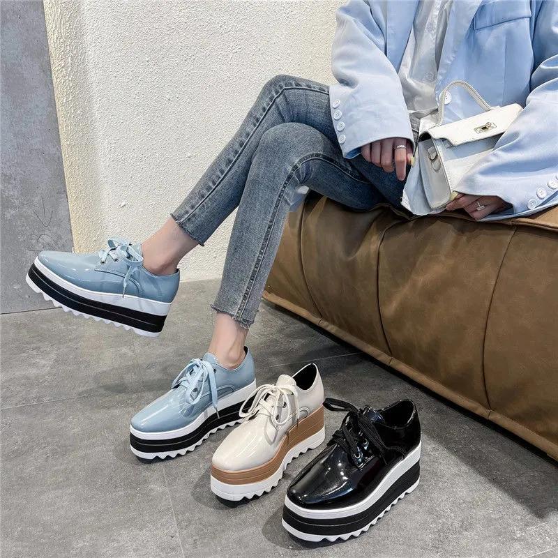 Women's 41-Size British-Style Patent Leather Lace-Up Loafers - Wedge-Heeled Platform, Thick-Soled
