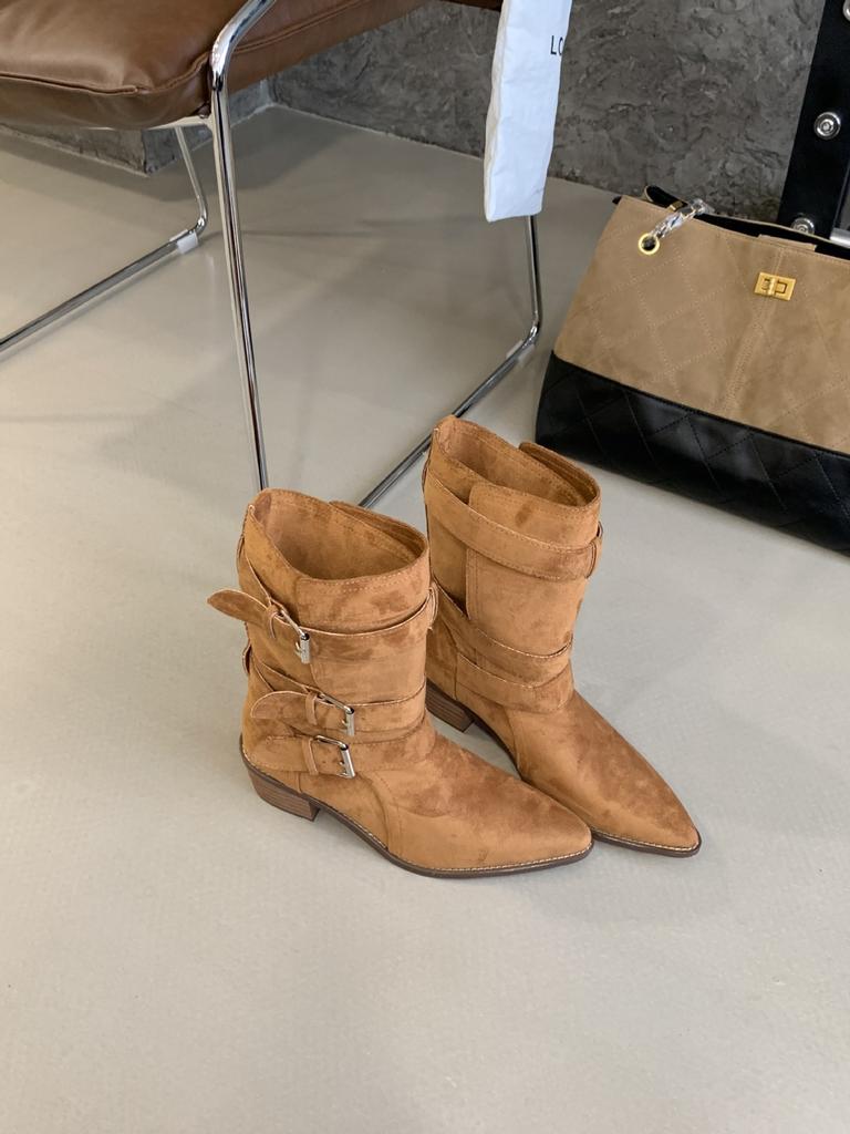 2025 New Retro Pointed Western Cowboy Boots Women's Autumn Thick Heel Short Tube Thin Martin Boots Women