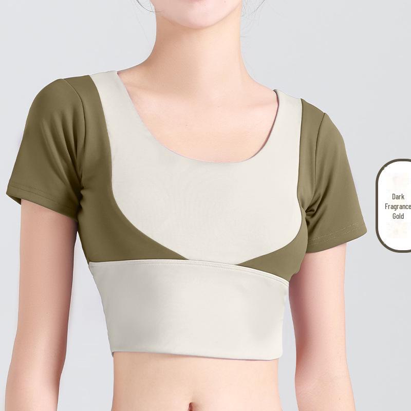 Juyitang Women's Short-Sleeve Color Match Yoga Top, Bra-Free, Navel-Baring Fitness Wear
