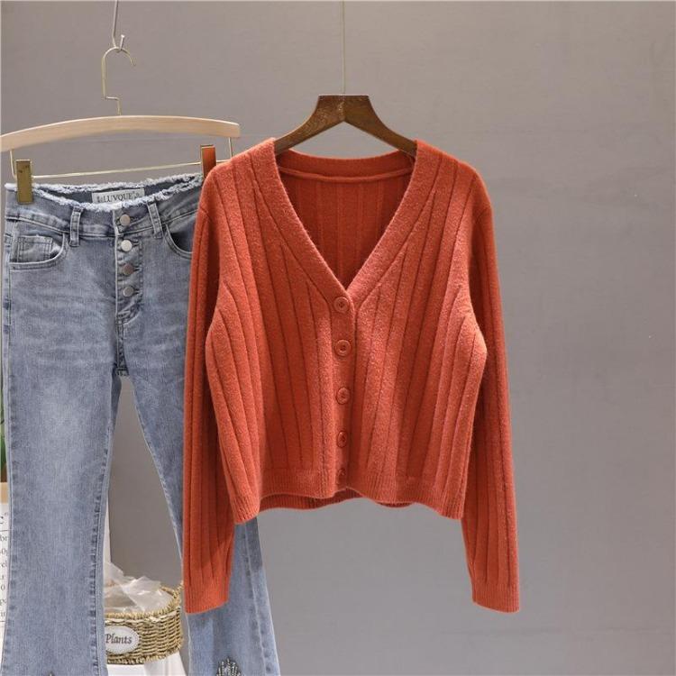 Women's V Neck Knitted Cardigan Short Jacket Loose Long Sleeve Autumn Versatile Outfit Top Sweater