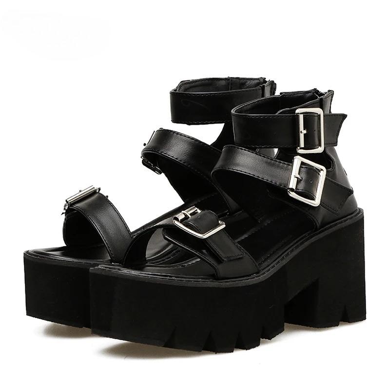 Ankle Strap Summer Fashion Women Sandals Open Toe Platform Shoes High Thick Heels Female Black Unique Party Shoes 35-42