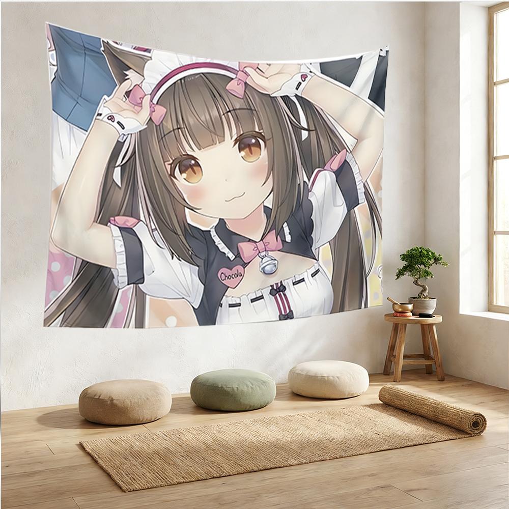 Anime Tapestry, Flat Print Cute Cat Ear Maid Character Design, High-Quality Horizontal Wall Hanging, Anime Room Decor For Living