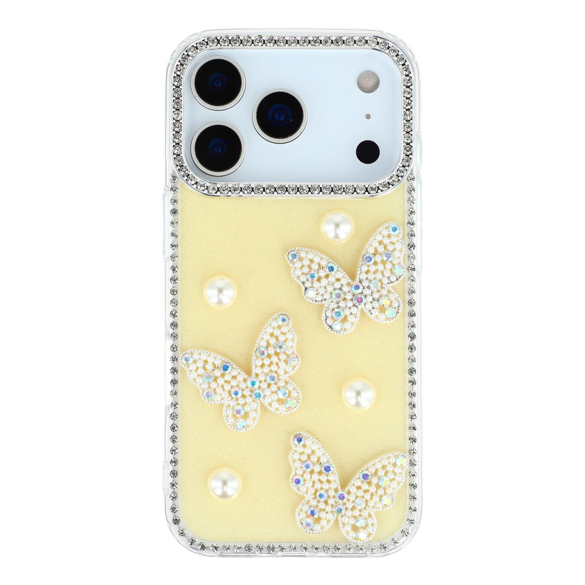 

For iPhone 17 Pro Max Case Rhinestone Edge Pearl Butterfly Decor TPU+PC IMD Phone Cover