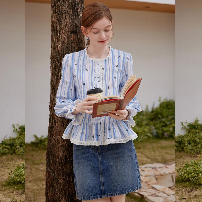 Bailuyu Sweet Style Striped Ruffle Bow Print Blouse S