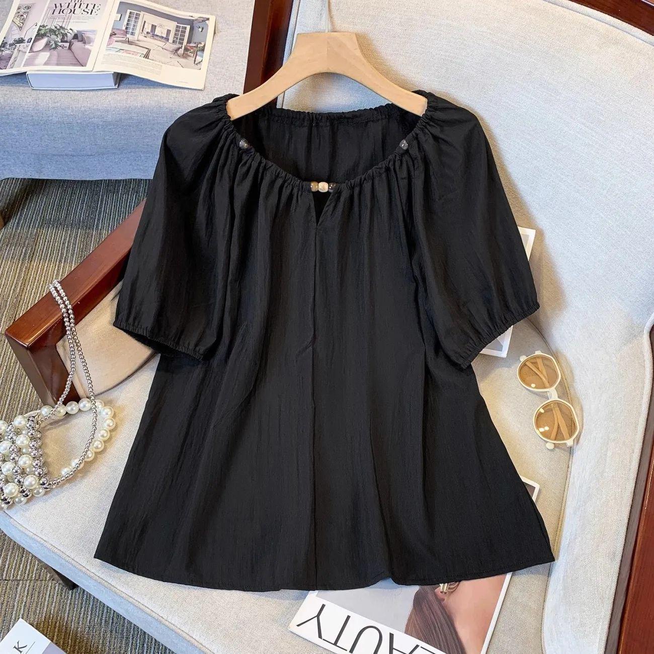 Plus Size Women s French Beaded Short-Sleeve Mid-Length Summer Top S (60-80 jin) чёрный