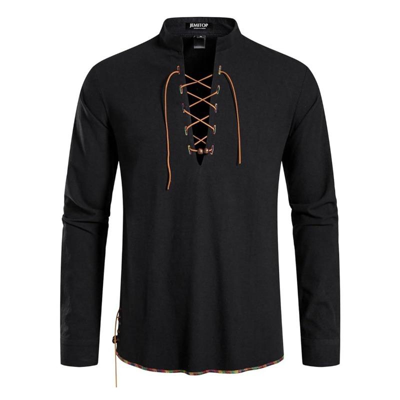 High Quality Men's Shirt Henry Long Sleeve Casual Beach Men's Stand-Up Collar Hippie Shirt
