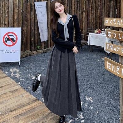 C Sweet Orange Home Plus Size Women's Clothing Fake Two-Piece Embroidered Lapel Top and Pleated Long Skirt Set