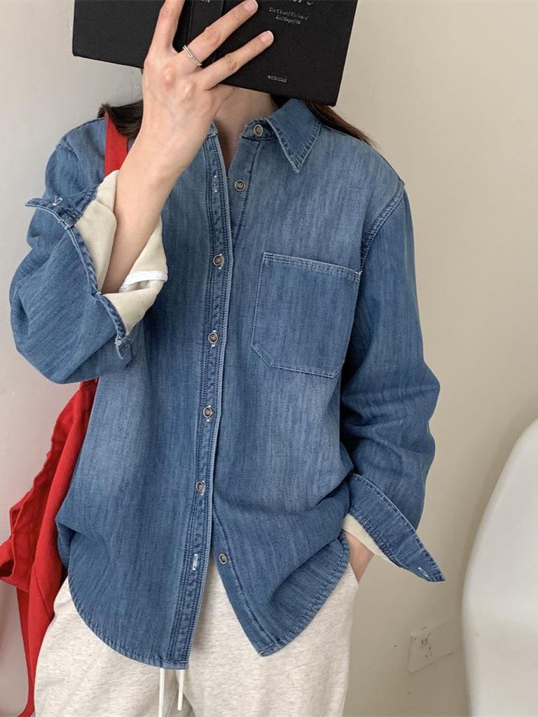 Spring 2026 New Arrival: Lazy Style Velvet-Lined Denim Lapel Shirt with Long Sleeves - Versatile and Casual.
