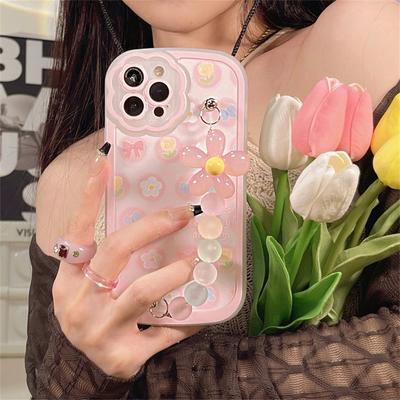 Korea Schattig 3D Transparante Bloemen Kralen Armband Lens Beschermende Telefoonhoesje Voor Iphone 13 12 11 Pro Xs Max X Xr Schokbestendig Zacht Hoesje