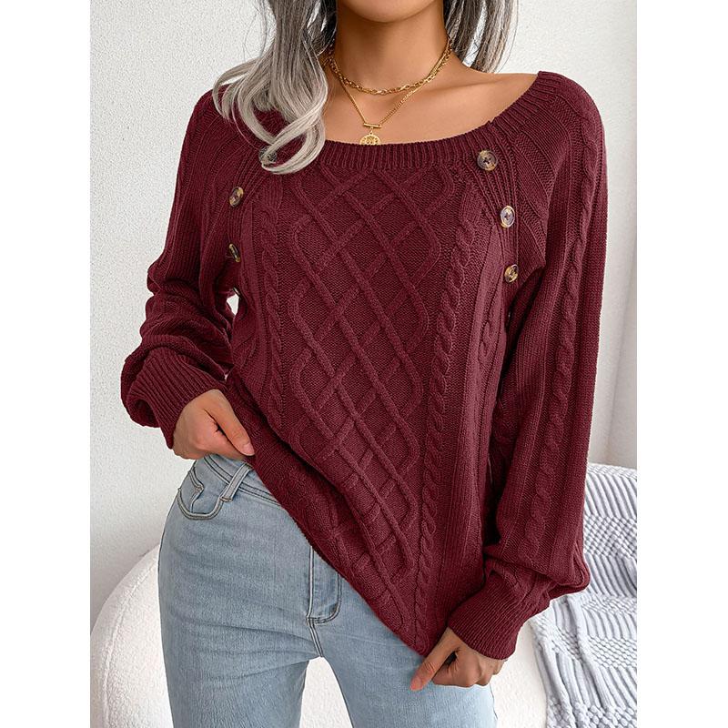 Europe and The United States Women's Fall and Winter Loose Casual Square Neck Pin Buckle Twist Knit Pullover Sweater