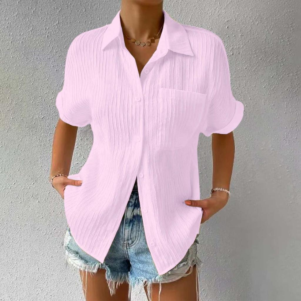Blouses For Women 2025 Summer Women'S Solid Color Buttoned Cardigan Short Sleeve Shirt