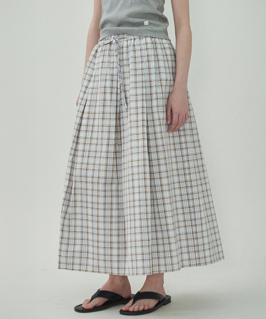 Mot Flare Cotton Long Skirt - Check Blue