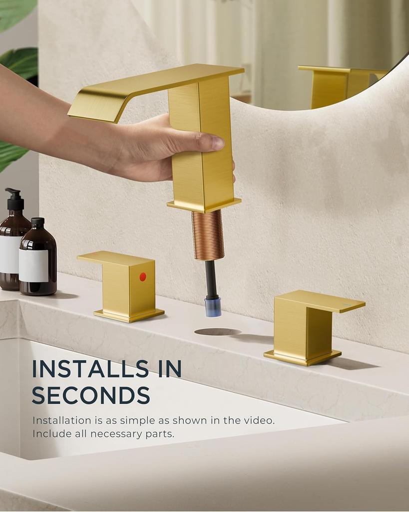 Bathroom Waterfall 3 Holes Basin Faucet, 2 Handles Cold Hot Water Mixers Sink Taps Black Chrome Brushed Gold