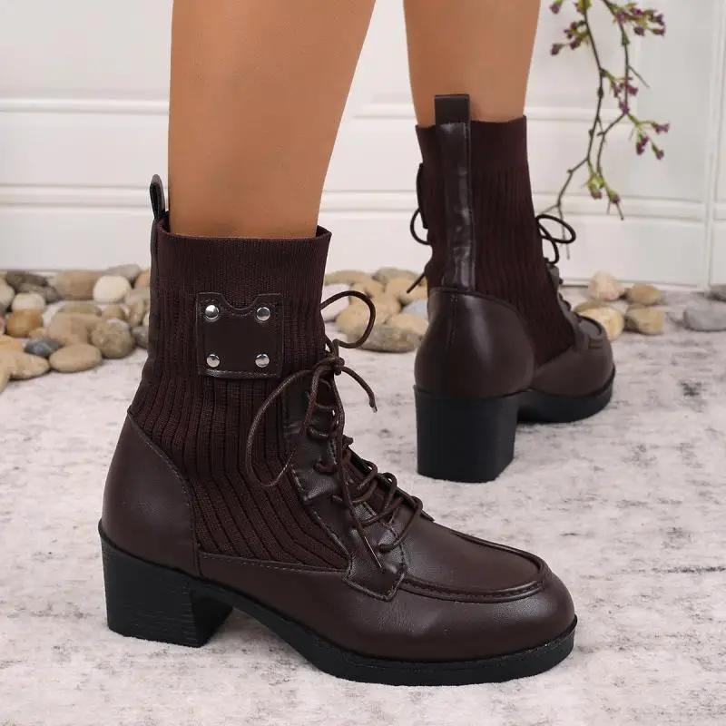 Fashion Vintage Metal Rivet Decoration Lace Up Ankle Boots Women 2025 Winter Round Toe Medium Heel Elastic Boots Elegant Solid Pu Shoes