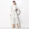 2026 Spring Summer Beaded Lace Patchwork Dress for Women Stand Collar Long Sleeve High Waist Belt Casual Vestidos Pleated Y2k