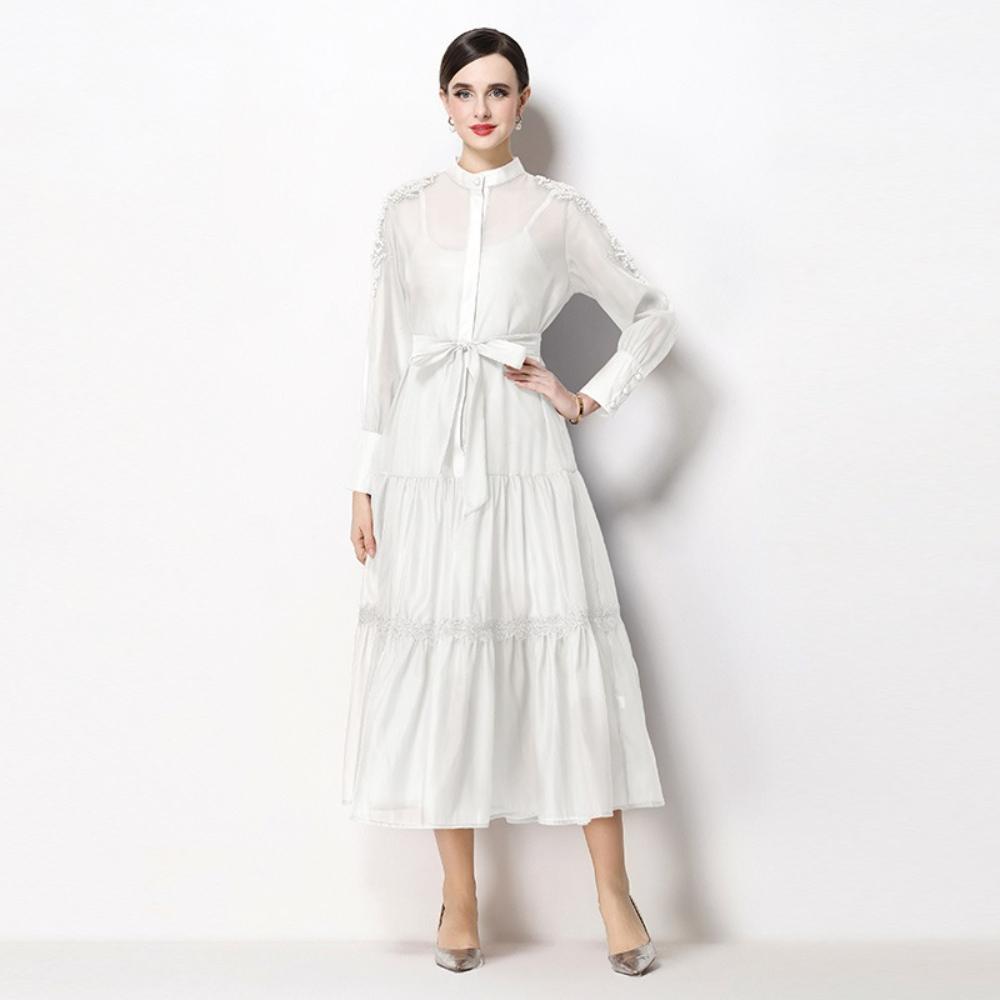 2026 Spring Summer Beaded Lace Patchwork Dress for Women Stand Collar Long Sleeve High Waist Belt Casual Vestidos Pleated Y2k