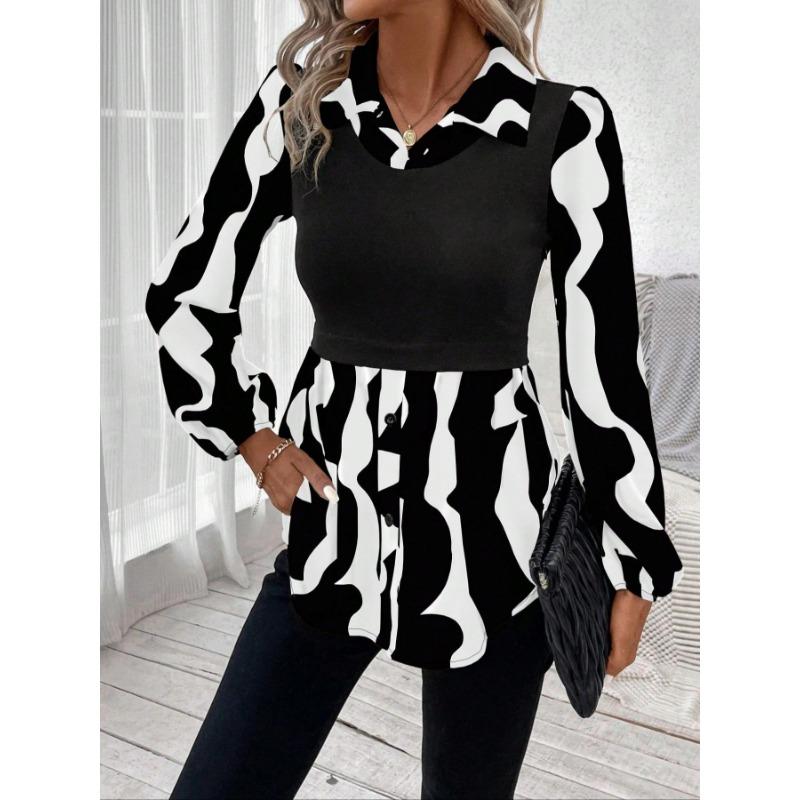 Women's Blouse Bubble Sleeve Temperament Casual Colorblocking Blouse