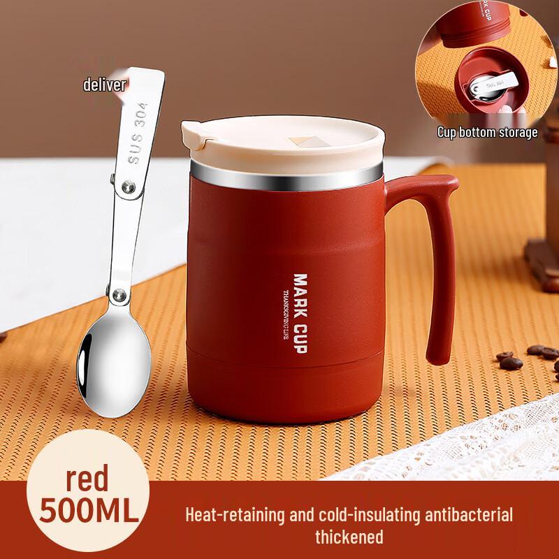 

Stainless Steel Insulated Coffee Mug with Lid and Folding Spoon 500ml