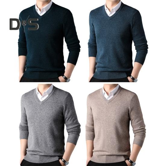 Suéter de otoño e invierno para hombre, cuello en V, tejido de color sólido, elástico, largo medio, estilo formal de negocios