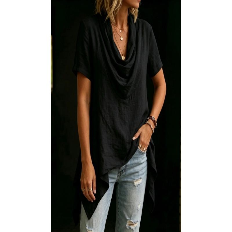 Women Casual Loose Cowl Neck Short Sleeve Asymmetric Hem Solid Blouse