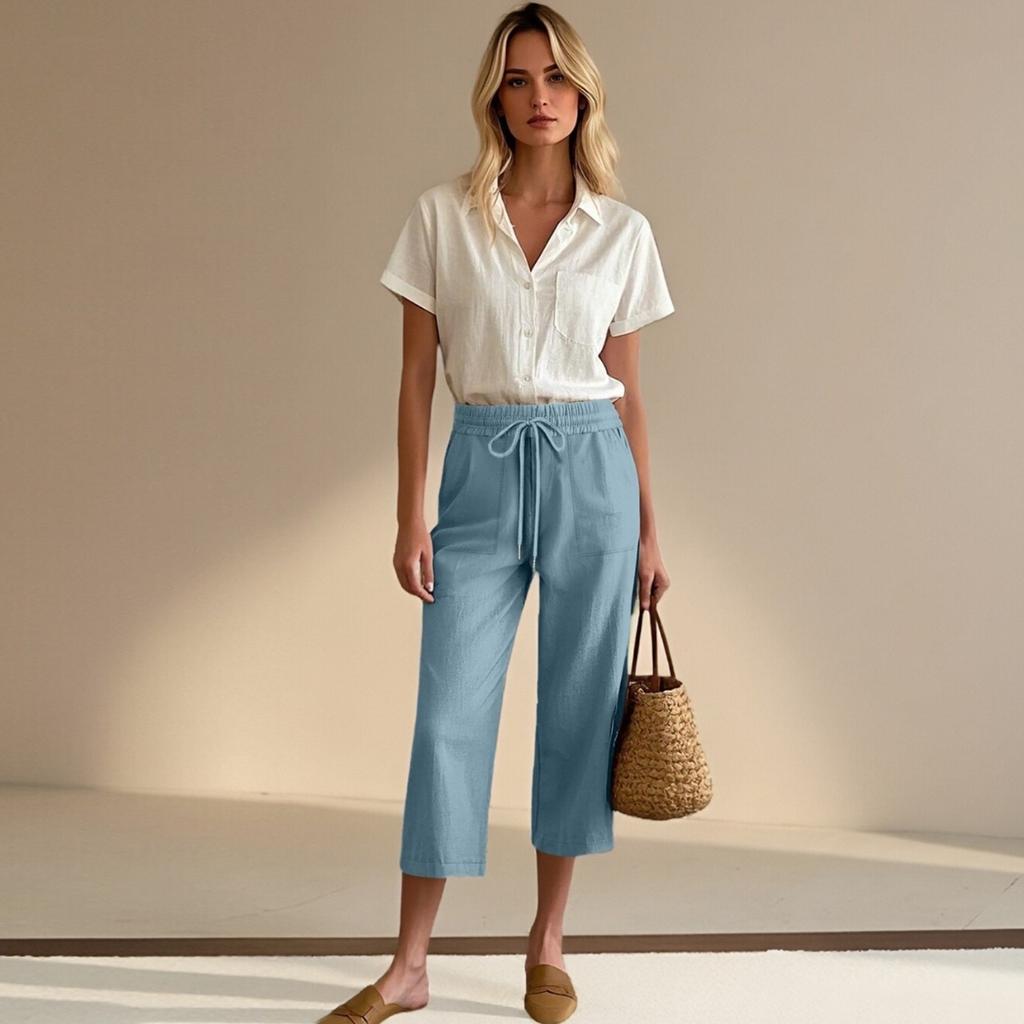 Women's Cotton Linen Wide Leg Pants, Drawstring Casual Cropped Trousers Loose Palazzo Pants with Pockets